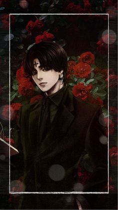 a painting of a man with black hair holding a knife in front of red roses