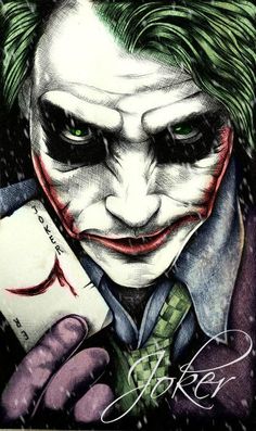 a drawing of the joker with green eyes holding a card in his right hand and looking at the camera