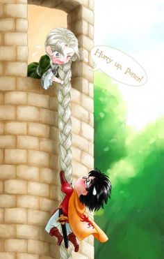 an image of a cartoon character hanging on to a brick wall with another character holding onto it