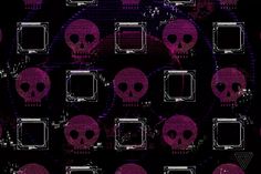 a bunch of skulls that are in the middle of a wall with squares and rectangles on them