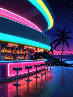 a bar with neon lights and stools next to the ocean at night time,