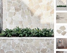 several images of different types of stone walls and flooring, including plants in the foreground