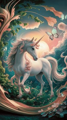 a painting of a white unicorn and butterflies