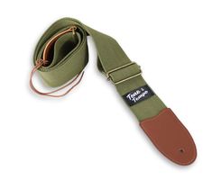 an olive green camera strap with brown leather ends and a black logo on the side