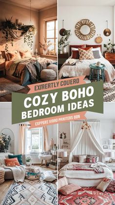 the bedroom is decorated in bohemian style and has lots of pillows, blankets, rugs,