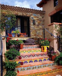 the steps are decorated with colorful flowers and potted plants on either side of the house