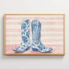 a painting of two blue and white boots on a pink striped background with an american flag in the background