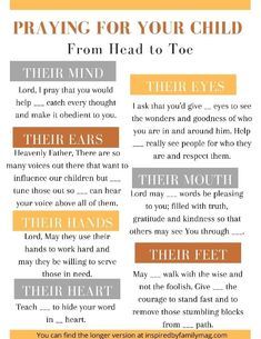 a poster with the words praying for your child from head to toe, and an image of