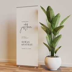 a plant in a white vase next to a wedding program