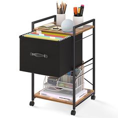 a black filing cabinet with drawers and office supplies on it's wheels, against a white background