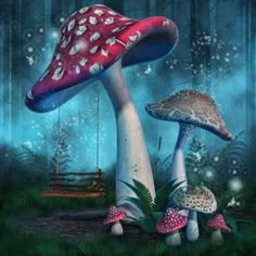 a painting of two mushrooms in the forest