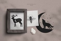 the silhouettes of two deer, a bee and a wolf are next to each other