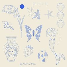 an image of sea creatures drawn in blue on white paper with stars and shells around them