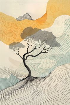 an abstract painting of a tree with mountains in the background and waves coming from it