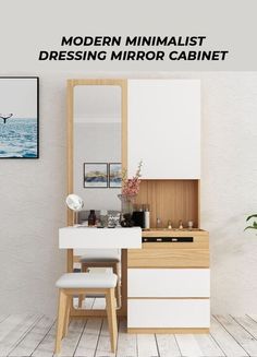 modern minimalist dressing mirror cabinet in white and oak with stools next to it