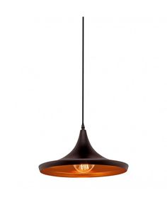 a black and orange light hanging from a ceiling fixture with an orange shade on it