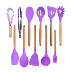 purple kitchen utensils lined up in a row