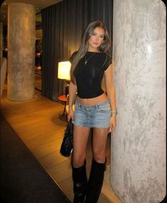 Cute Black Going Out Outfits, Going Out Restaurant Outfit, Shoes For Going Out, Low Rise Outfit Aesthetic, Black Shorts White Shirt Outfit, Concert Outfit Nessa Barrett, Black Top Black Skirt, Lace Going Out Outfit, Tall Black Boots Outfit Summer