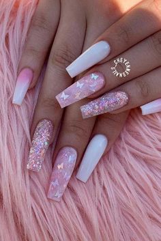 Long Acrylic Nail Designs, Long Acrylic Nails Coffin, White Nail, Bling Acrylic Nails, Summer Acrylic Nails