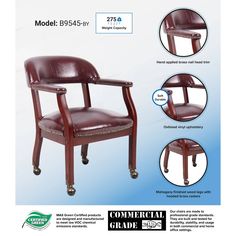 an advertisement for a chair with wheels and leather upholstered back, shown in three different views