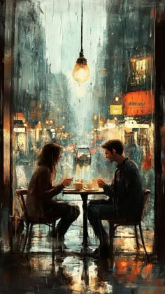 two people sitting at a table in the rain