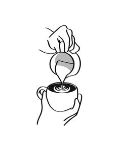 a drawing of a hand pouring coffee into a cup with the lid down, on top of a white background