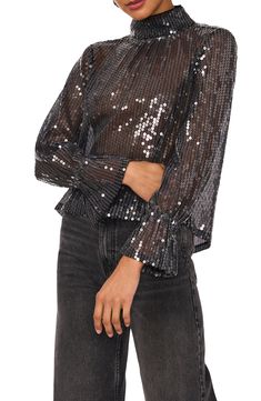 Achieve night-out perfection in this dazzling sequin top punctuated with a drapey open back and fabulously flared long sleeves. 22" length Mock neck Long sleeves with flared cuffs 97% polyester, 3% spandex Hand wash, line dry Imported Sequin Skirt Long, Open Back Blouse, Flare Long Sleeve, Mock Neck Long Sleeve, Fall Wedding Dresses, Gameday Outfit, All Black Outfit, Sequin Top, Fall Dresses