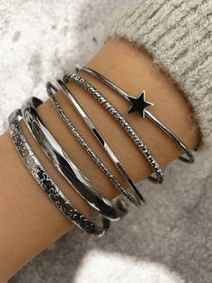 Gun Black  Collar  Iron   Embellished   Women's Fashion Jewelry Betrayal Quotes, Bangle Bracelet Set, Stacked Jewelry, Silver Bangle Bracelets, Silver Bangle, Girly Jewelry