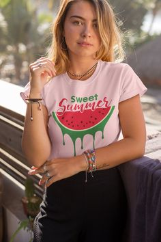 "Introducing our unisex t-shirt that captures the essence of sweet summer with its \"Sweet Summer Watermelon Shirt\" design. This shirt is the perfect way to celebrate the vibrant and refreshing flavors of the season. Crafted with care and made from high-quality materials, this t-shirt offers both style and comfort. The \"Sweet Summer Watermelon Shirt\" design showcases a juicy watermelon slice, evoking memories of picnics, beach days, and the simple pleasures of summer. This unisex t-shirt is m Sweet Cotton Summer Top, Trendy Pink Summer Shirt, White Sweet Tops For Summer, Sweet White Summer Tops, Casual Pink Shirt For Summer, Cute Summer Beach T-shirt, Summer T-shirt With Sublimation Print And Relaxed Fit, Cute Crew Neck T-shirt For Beach Season, Trendy Summer Shirt With Graphic Print