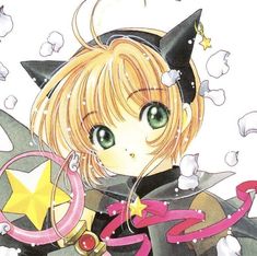 an anime character with blonde hair and green eyes holding a star in front of her face