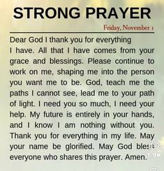 a prayer card with the words strong prayer