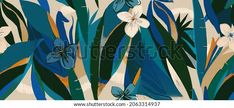 an abstract painting of blue flowers and green leaves