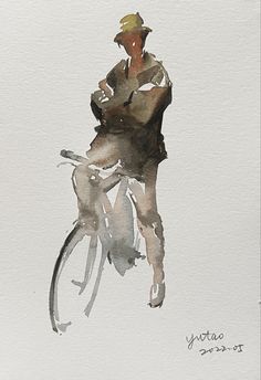 a watercolor painting of a man riding a bike