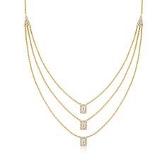 Ross-Simons - .50ct t. w. Diamond Three-Strand Necklace in 18kt Yellow Gold. 15". Embrace the on-trend layered look with one easy-to-wear design! This three-strand necklace features 18kt yellow gold cable chains - each centered by a stately diamond station, totaling .50 carats, that cascades down the neckline in perfectly modern tiers. Necklace falls at 15", 16 1/2" and 17 1/2". Includes 3" extender. Lobster clasp, diamond three-strand necklace. Diamond birthstones are the perfect gift for April Three Strand Necklace, April Birthday, Diamond Birthstone, Diamond Jewelry Necklace, Necklace Diamond, Layered Look, Strand Necklace, Multi Strand, Cable Chain