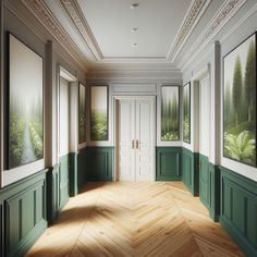 an empty room with paintings on the walls and wooden floors, along with parquet flooring