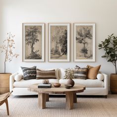 a living room filled with lots of furniture and pictures on the wall above it's coffee table