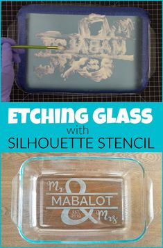 two pictures with text that reads etching glass with silhouette stencil and an image of skeletons