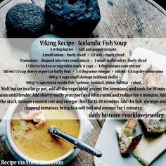 the recipe for viking recipe identic fish soup is displayed on a wooden table