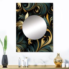 a mirror hanging on the wall above a table