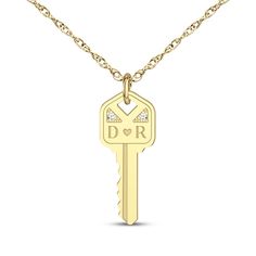 Celebrate the next big step in your relationship with this sweet personalized key necklace. 10K yellow gold Your initials and a heart are engraved on the head of the key Diamond accents add the perfect touch of sparkle 16- to 18-inch adjustable rope chain with spring ring clasp Bottle Charms, Key Necklace, Accessories Jewelry Necklace, Rope Chain, Spring Rings, A Heart, Apparel Accessories, Initials, Jewelry Accessories