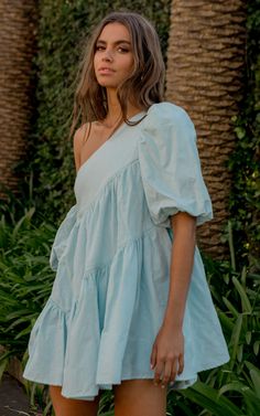 Harleen Mini Dress - Asymmetrical Trim Puff Sleeve Dress in Light Blue | Showpo USA Light Blue Dresses, Bubble Sleeve, Puff Sleeve Dress, Sleeves Clothing, Blue Mini Dress, Puffed Sleeves Dress, Light Blue Color, Mini Dress With Sleeves, Linen Dresses