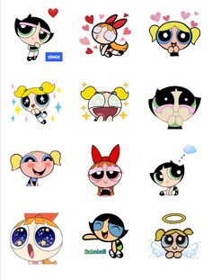 the powerpuff girls stickers are all in different styles and colors, with hearts on