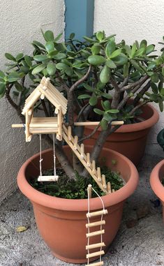 two potted plants with miniature houses in them