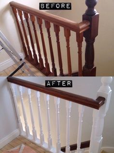 before and after shots of a stair banister with white painted wood handrails