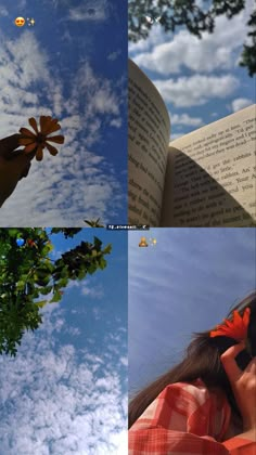 four different shots of the same person holding an open book and looking up into the sky