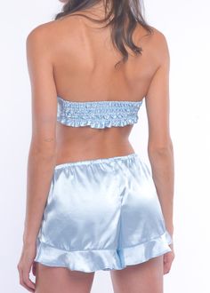 Blue Silky Bandeau Top – Sparkl Fairy Couture Fitted Satin Top For Glamorous Style, Glamorous Fitted Satin Tops, Blue Satin Top For Summer, Blue Satin Tops For Summer, Blue Fitted Silk Tops, Fitted Silk Blue Tops, Fitted Blue Silk Tops, Glamorous Satin Top For Night Out, Satin Finish Tops For Night Out In Summer