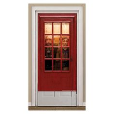 two people are looking out the window of a red door with glass panes on each side