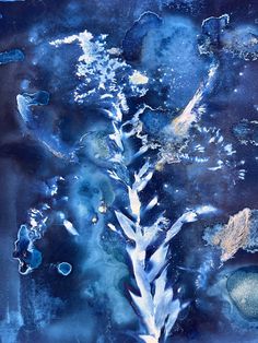 an abstract painting with blue and white colors