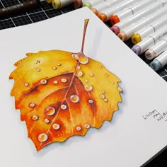 a drawing of an orange leaf with drops of water on it, surrounded by crayons