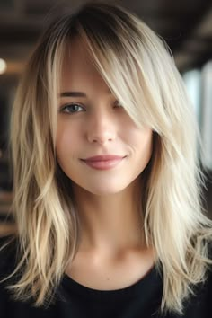 Hairstyles Face Framing Layers, Long Blonde Hair With Short Layers, Long Bangs Long Hair Side Part, Long Hair With Bangs Long Face, Long Hair Styles With Side Bangs, Face Frame Side Part, Fine Hair Bangs Long, Hair Long Bangs Layers, Blonde Medium Layered Hair